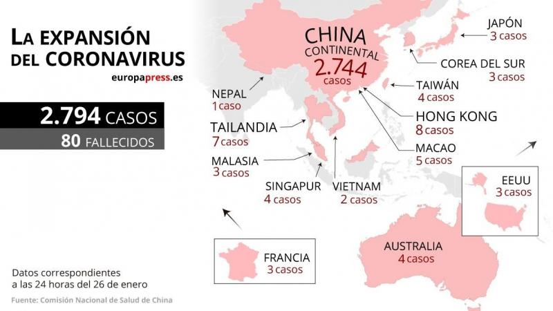 Mapa con nuevos casos de coronavirus por países
