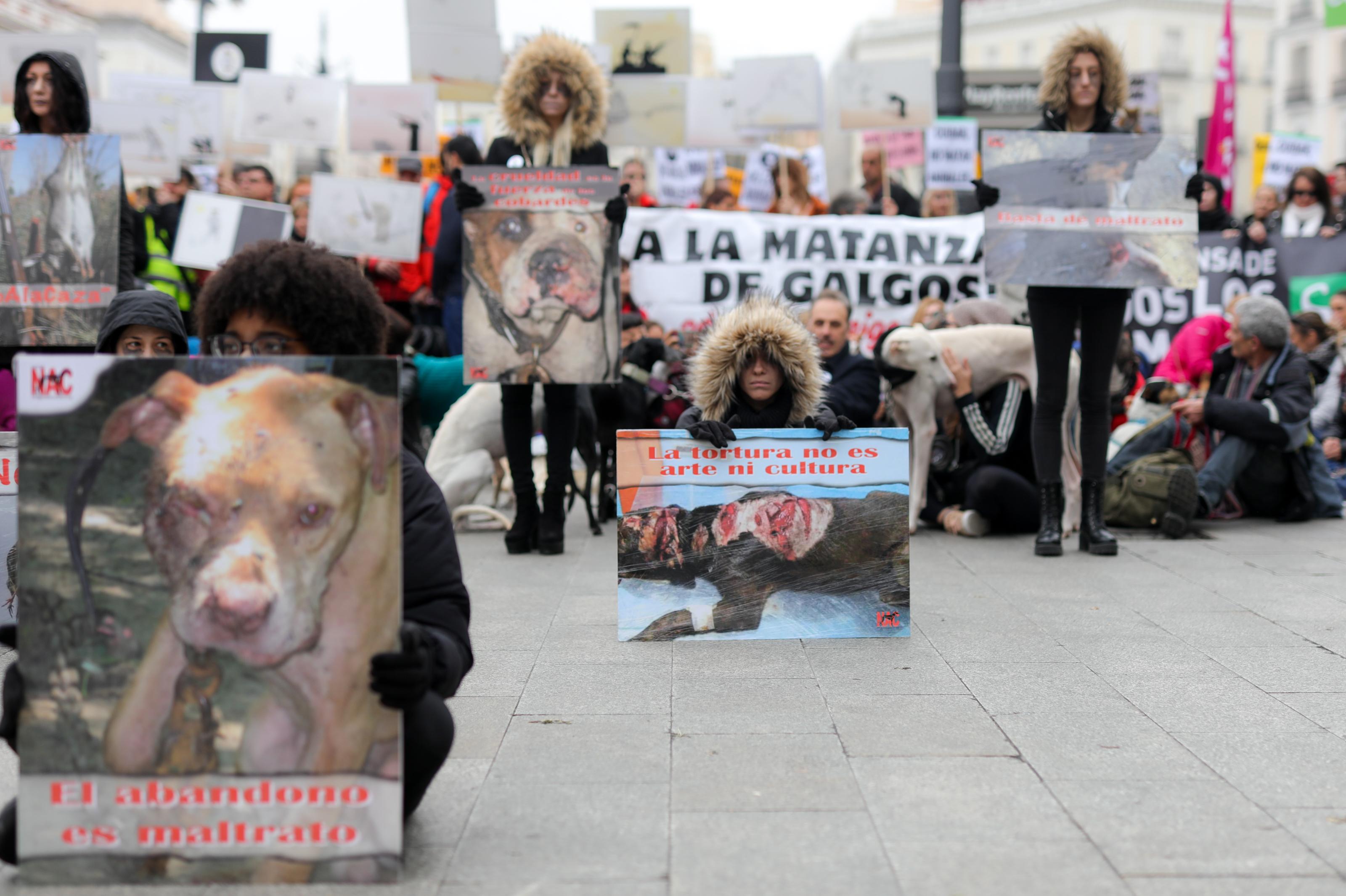 Participantes en la manifestación en Madrid contra la caza, el maltrato, el abandono y la matanza de perros 