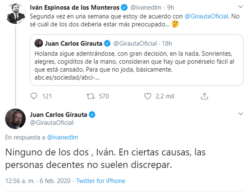 Espinosa de los Monteros dice en Twitter que coincide con Girauta