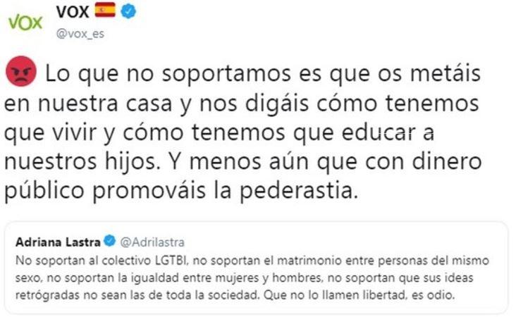 El tuit de Vox a Adriana Lastra