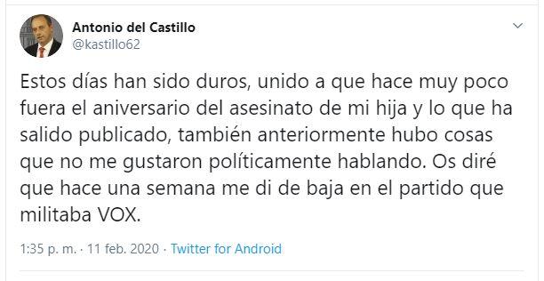 Captura de pantalla del tuit de Antonio del Castillo.