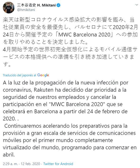 Tuit de Hiroshi Mikitani, fundador y CEO de Rakuten Tuit de Hiroshi Mikitani, fundador y CEO de Rakuten