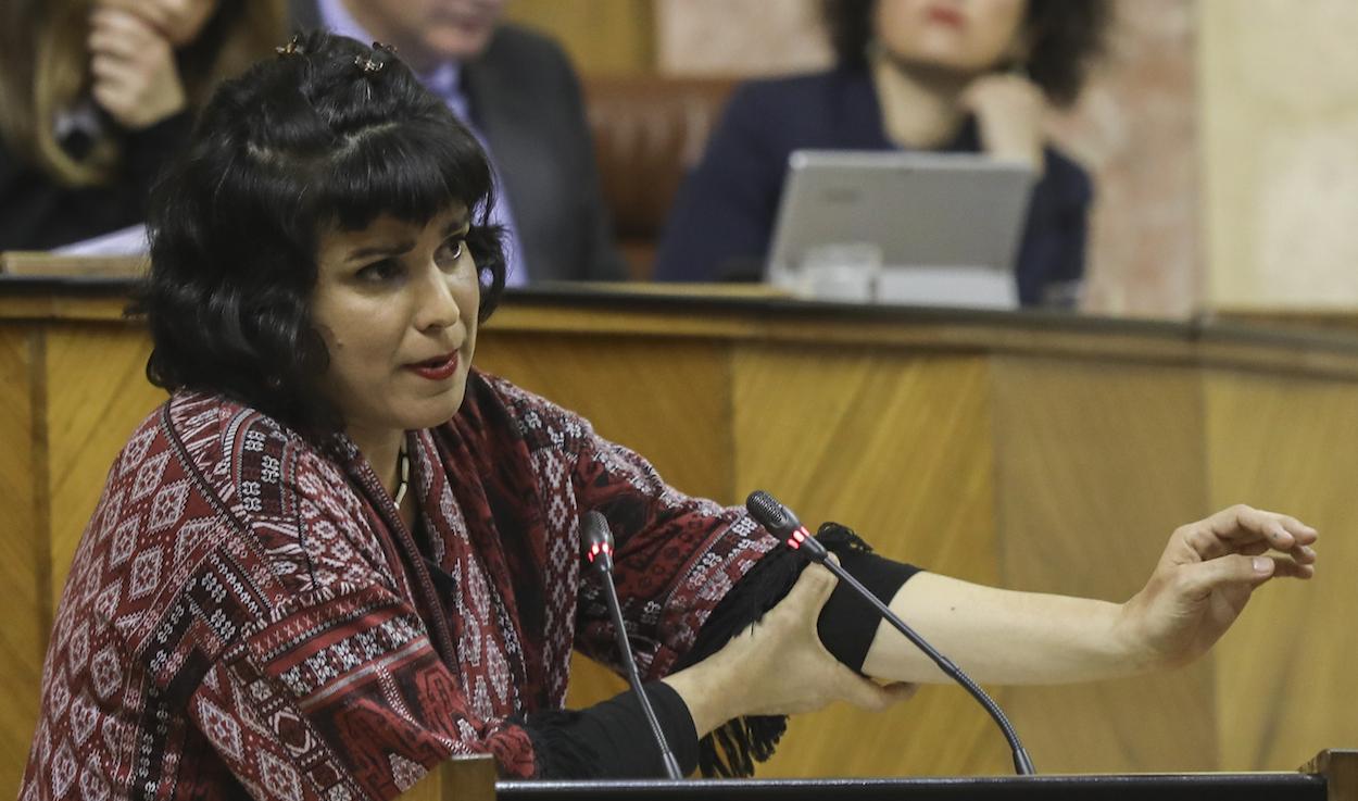 Teresa Rodríguez, líder de Podemos Andalucía, en la tribuna del Parlamento. MARÍA JOSÉ LÓPEZ/EP