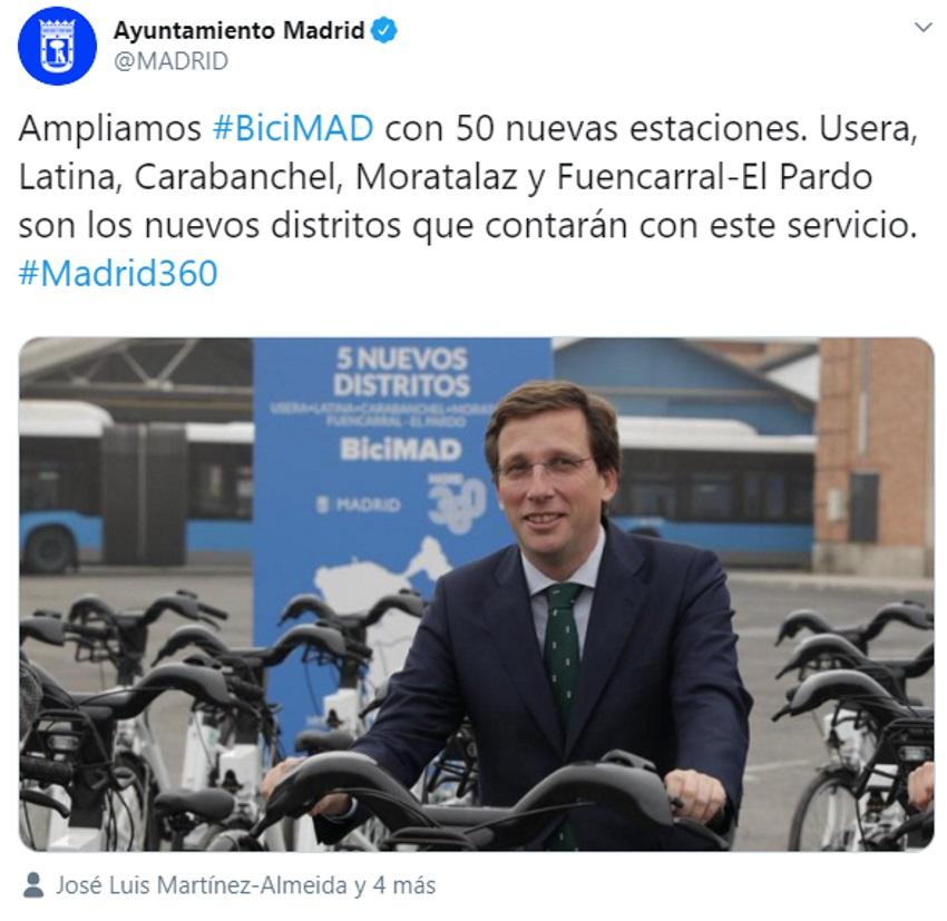 Tuit del Ayuntamiento presumiendo de Bicimad Tuit del Ayuntamiento presumiendo de Bicimad