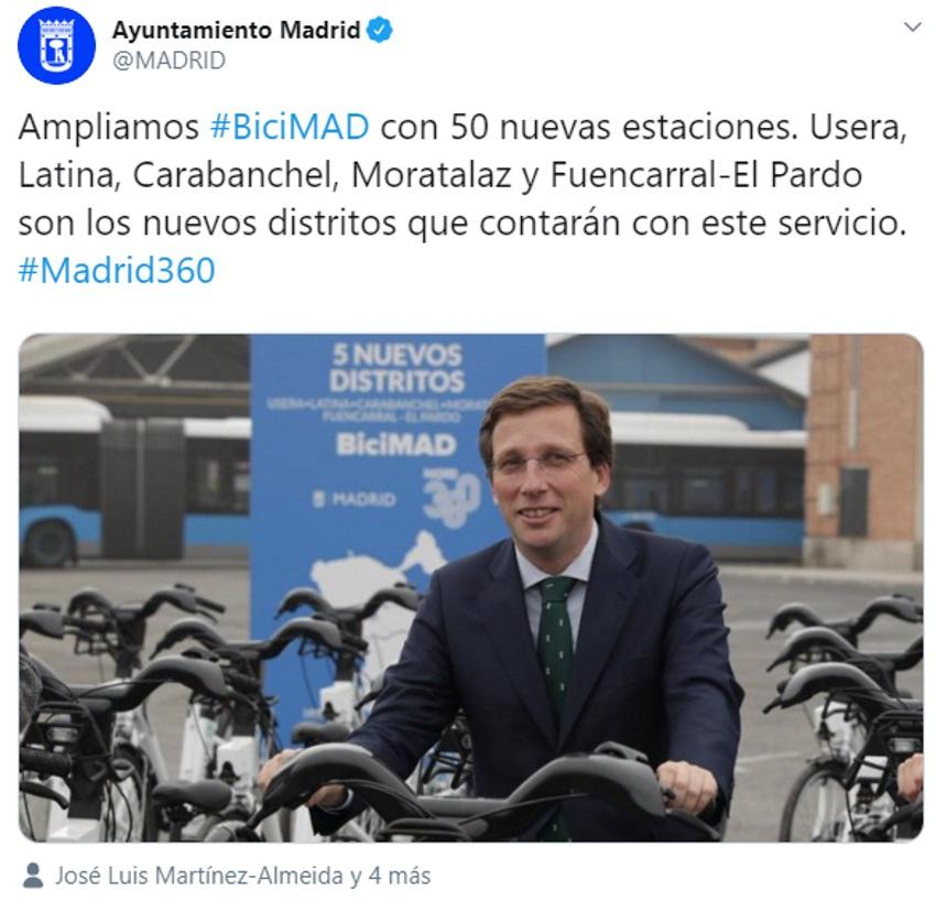 Tuit del Ayuntamiento presumiendo de Bicimad