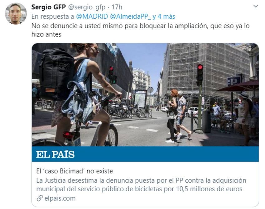 Un tuitero recuerda a Almeida que el PP denunció BiciMAD Un tuitero recuerda a Almeida que el PP denunció BiciMAD