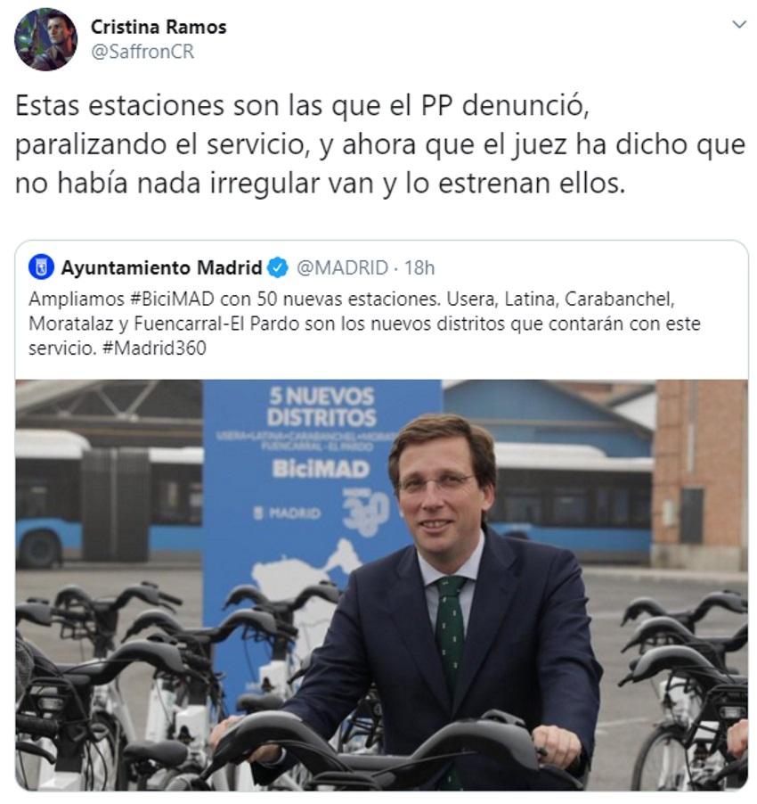 Un tuitero recuerda que el PP denunció BiciMAD