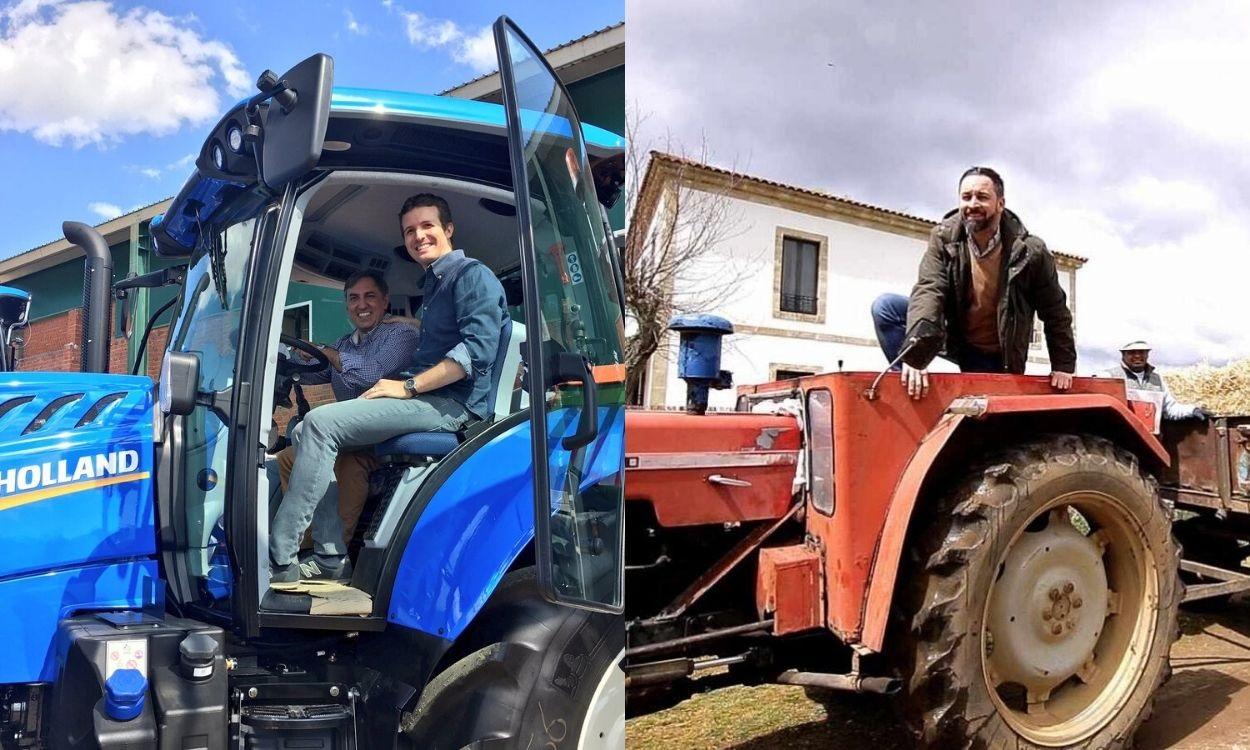 Imágenes de Pablo Casado y Santiago Abascal sobre un tractor