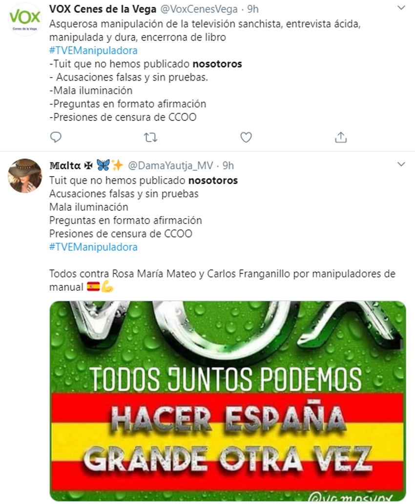 Mensajes en redes sociales replicando el argumentario de Vox