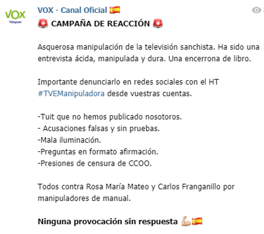 Mensaje del canal oficial de Telegram de Vox