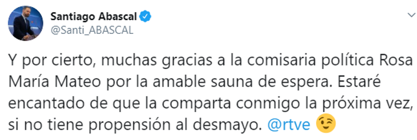 Santiago Abascal denuncia en Twitter el calor de la sala de espera de TVE
