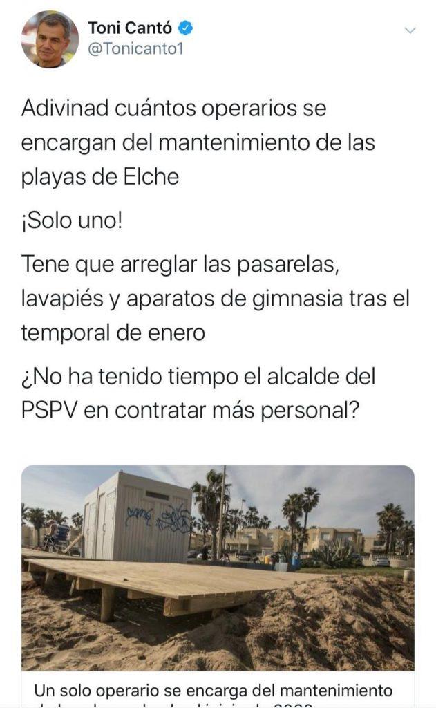 Tuit de Toni Cantó sobre el mantenimiento de las playas de Alicante.