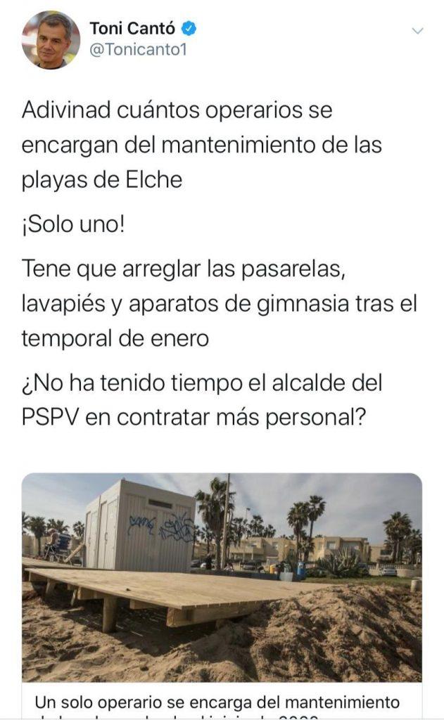 Tuit de Toni Cantó sobre el mantenimiento de las playas de Alicante. Tuit de Toni Cantó sobre el mantenimiento de las playas de Alicante.