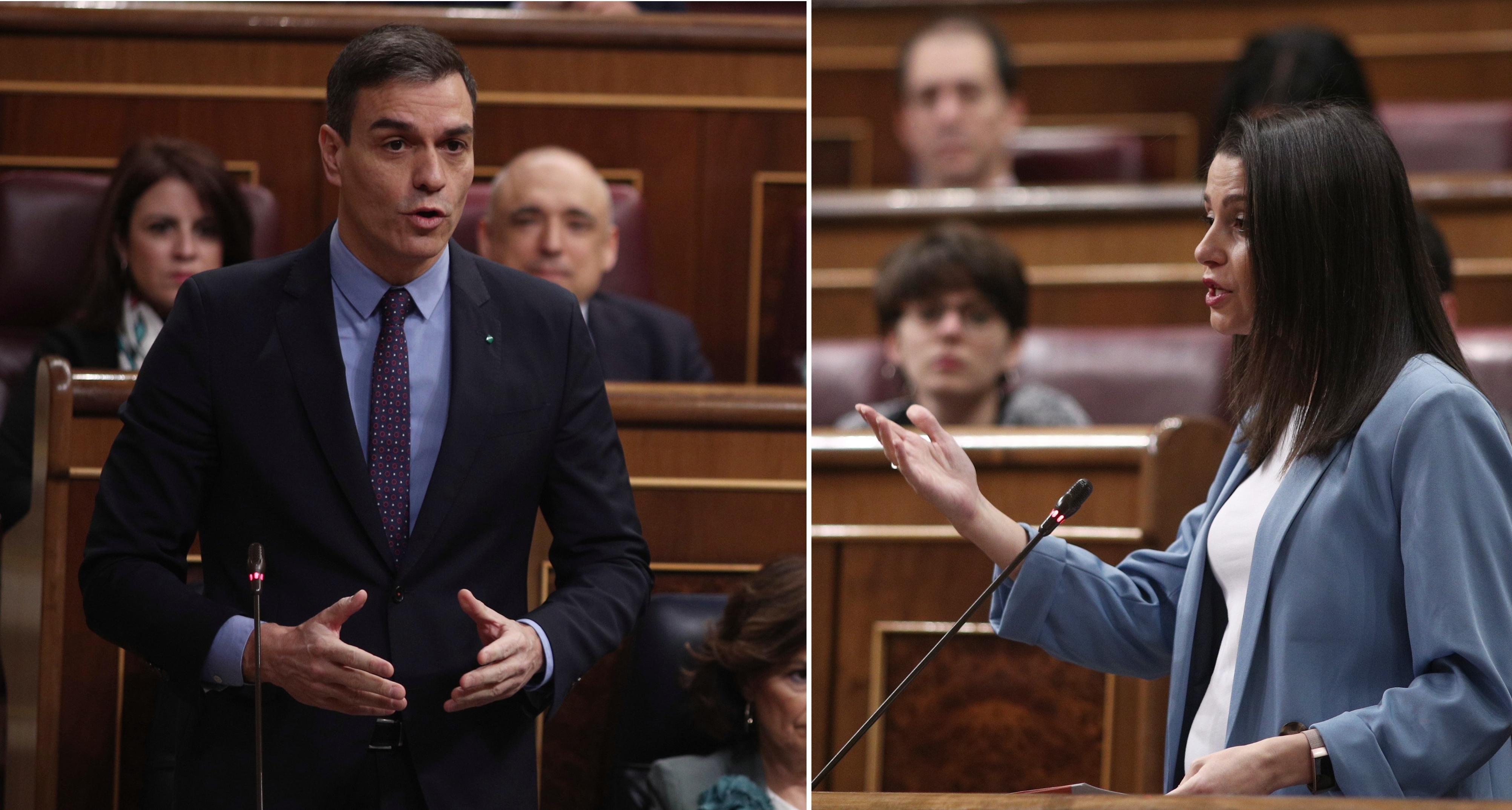 El presidente del Gobierno, Pedro Sánchez, y la portavoz de Ciudadanos, Inés Arrimadas.