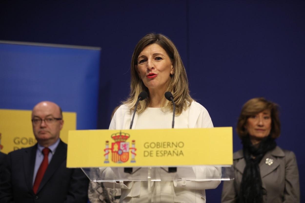 La ministra de Trabajo, Yolanda Díaz, durante su intervención en el acto de toma de posesión