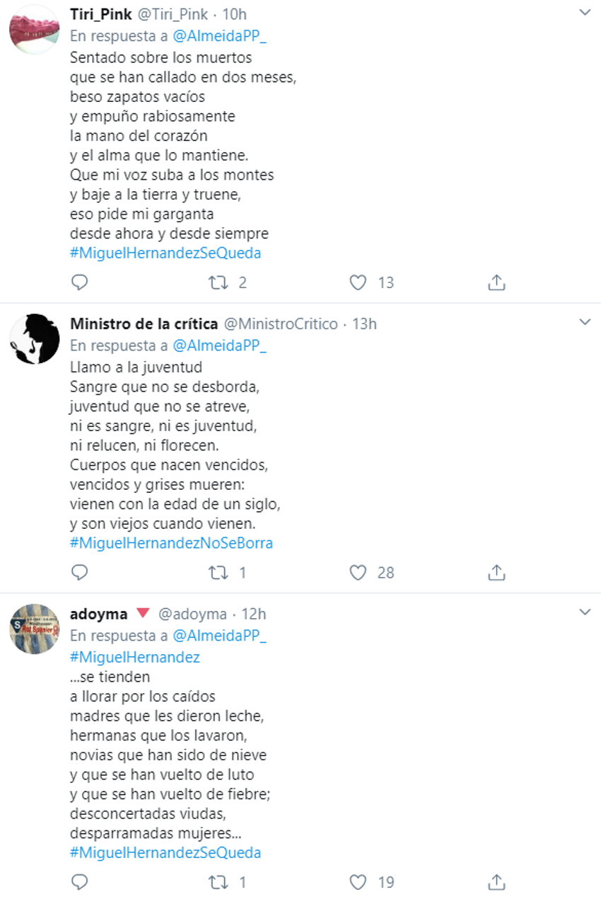 Responden a Almeida con versos de Miguel Hernández Responden a Almeida con versos de Miguel Hernández