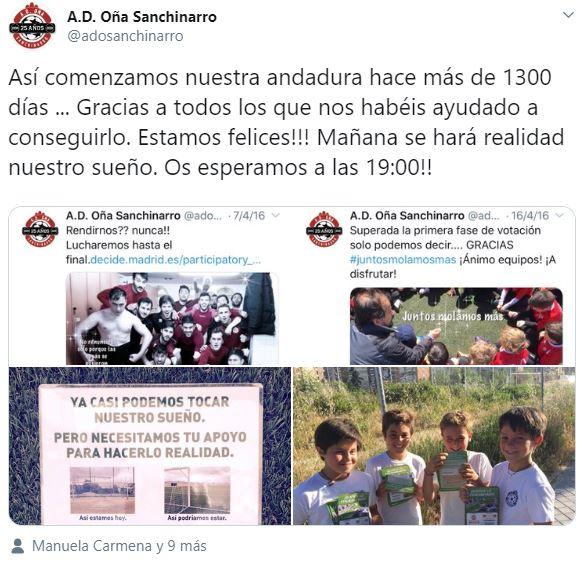 El tuit del A.D. Oña Sanchinarro / TWITTER El tuit del A.D. Oña Sanchinarro / TWITTER