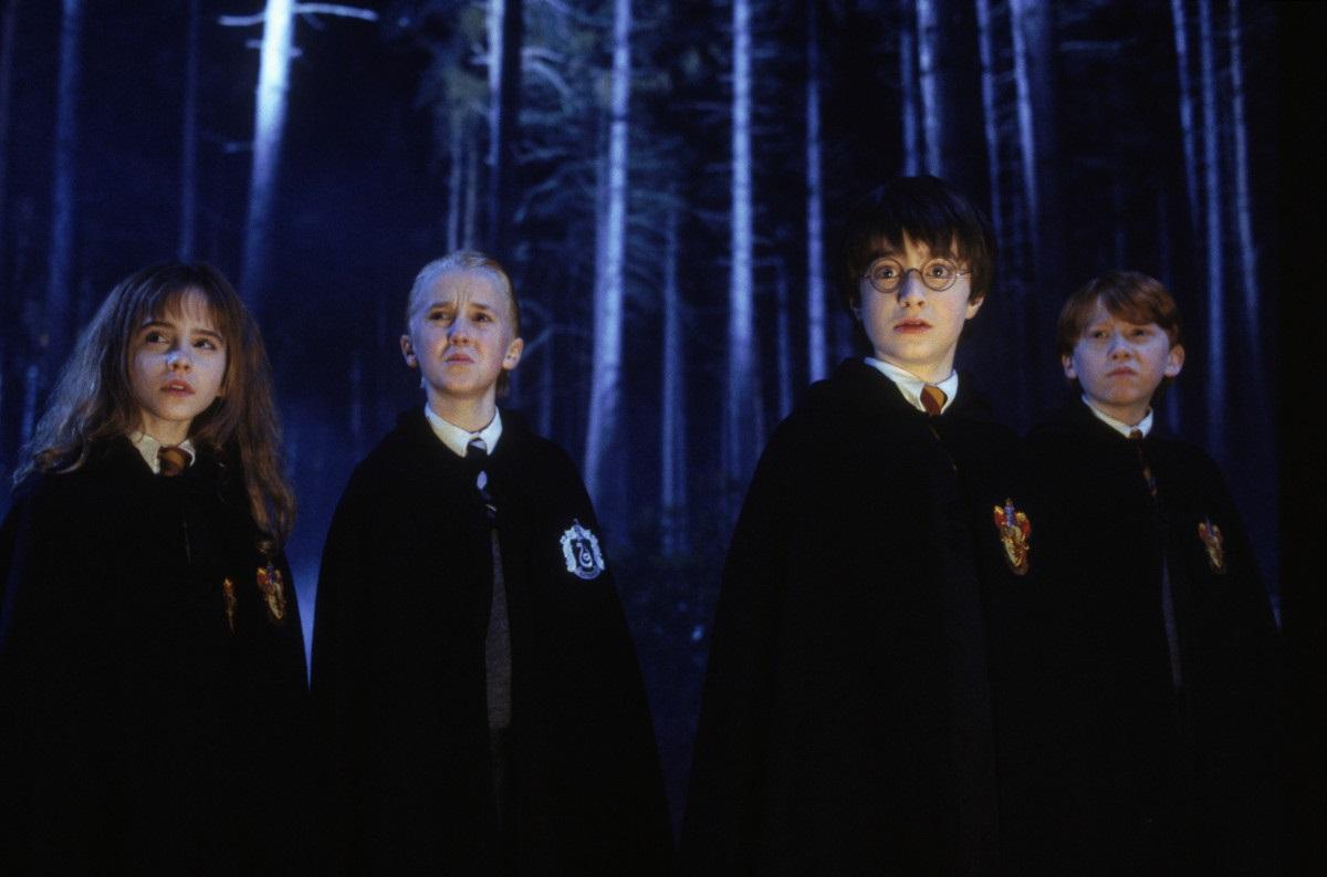 Hermione Granger, Draco Malfoy, Harry Potter y Ron Weasley en una imagen de las películas.