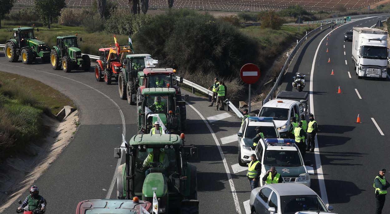 Imagen de la tractorada en la autovía A-4 a la altura del municipio de Carmona (Sevilla). MARÍA JOSÉ LÓPEZ/EP