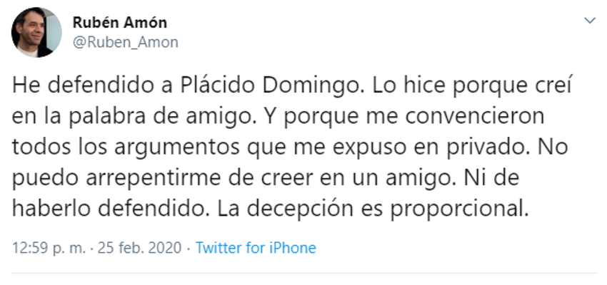 Tuit de Rubén Amón justificando sus declaraciones sobre Plácido Domingo