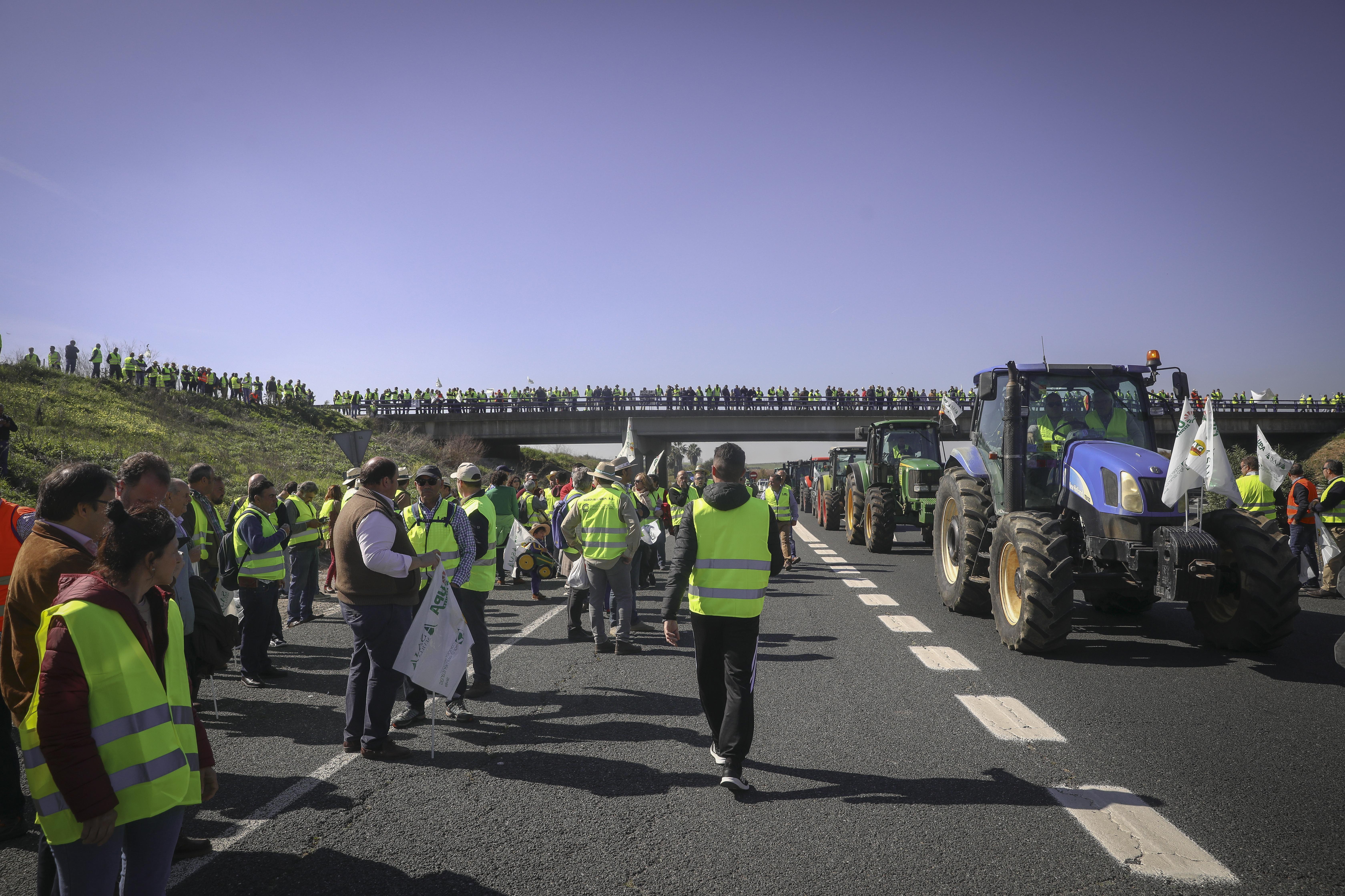 Manifestantes cortando la A 4 en Carmona durante la tractorada organizada por agricultores en Sevilla el 25 de febrero