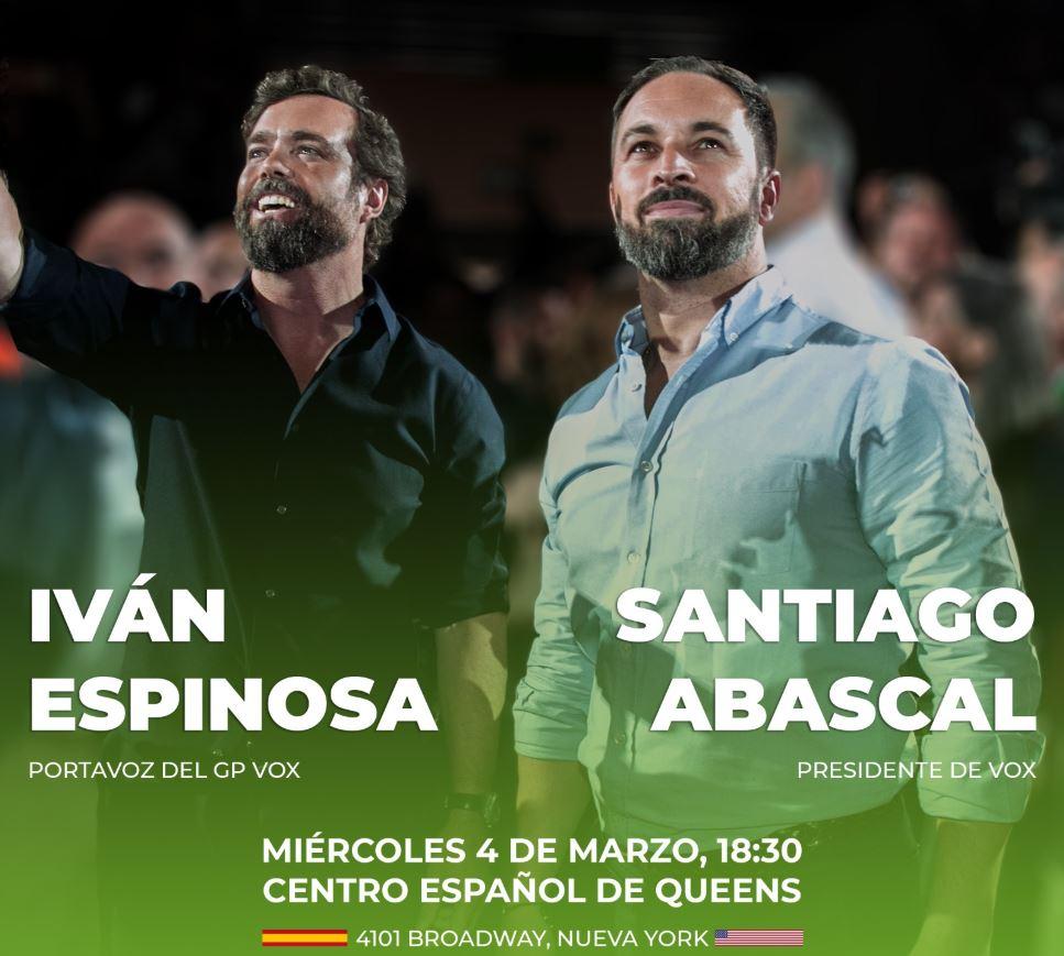 Iván Espinosa de los Monteros y Santiago Abascal, en la promoción en redes sociales del acto de Vox en Nueva York. / TWITTER