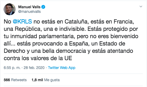 Tuit Valls a Puigdemont