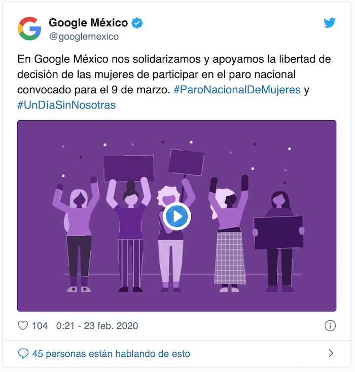 Tuit de Google México apoyando el 9 marzo
