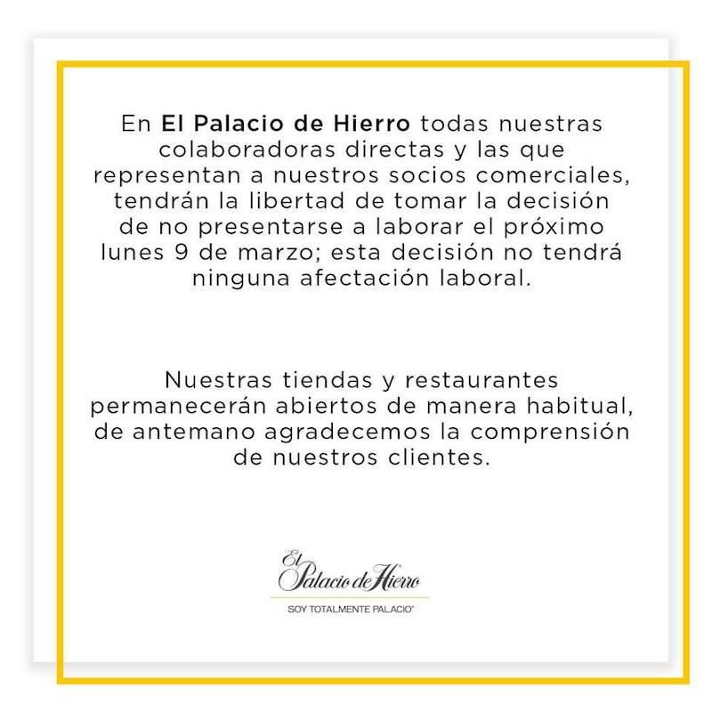 Palacio de hierro en RRSS apoyando el 9M en México