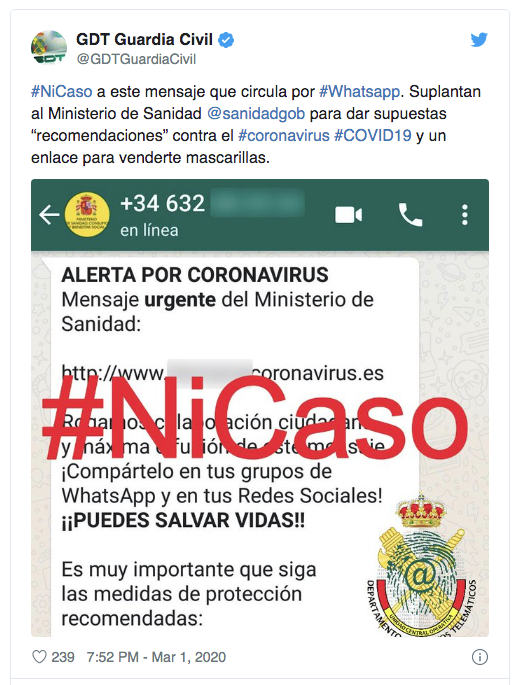 El GDT de la Guardia Civil recomienda tener mucho cuidado con este tipo de mensajes de WhatsApp