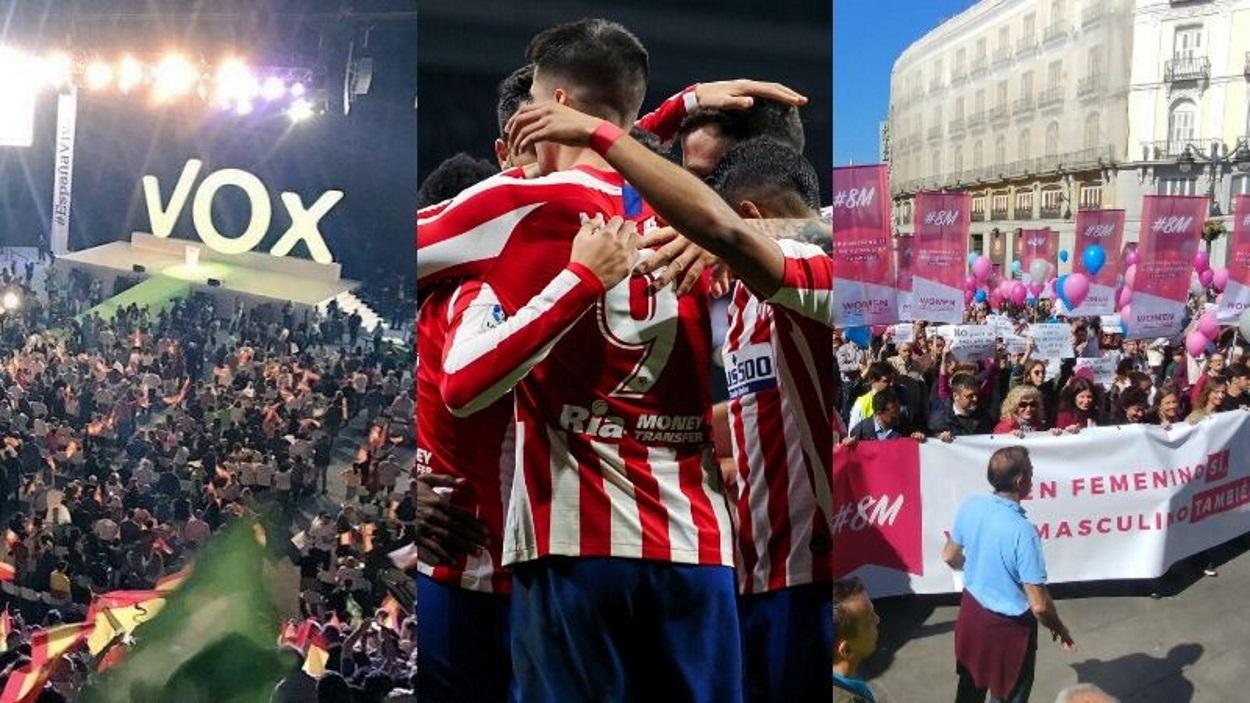 Fotomontaje con imágenes del Vistalegre de Vox, el Atlético de Madrid y una manifestación del 8M