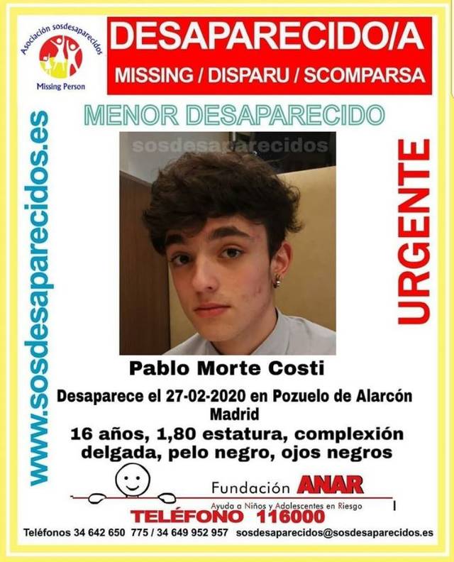 Pablo Morte Costi, el joven desaparecido en Pozuelo de Alarcón. 