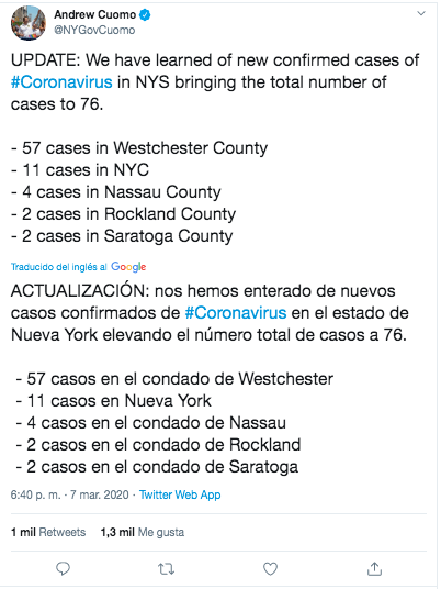 Tuit gobernador Nueva York