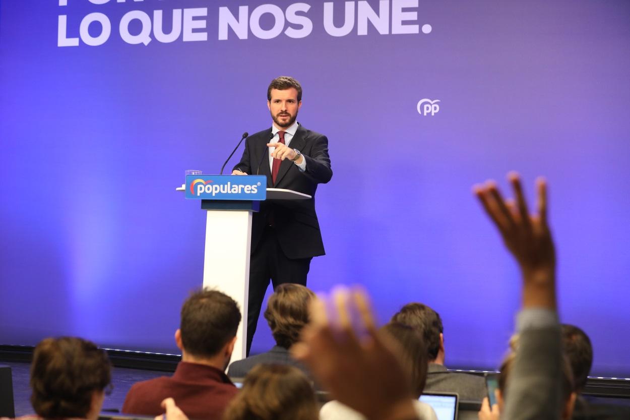 El presidente del Partido Popular, Pablo Casado, en rueda de prensa