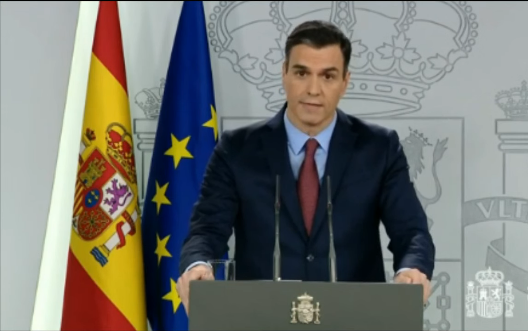 Pedro Sánchez en el Palacio de la Moncloa tras la Comisión Interministerial sobre el coronavirus