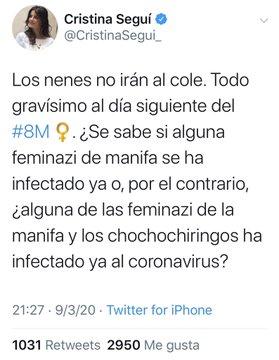 Tuit Cristina Seguí 8M coronavirus