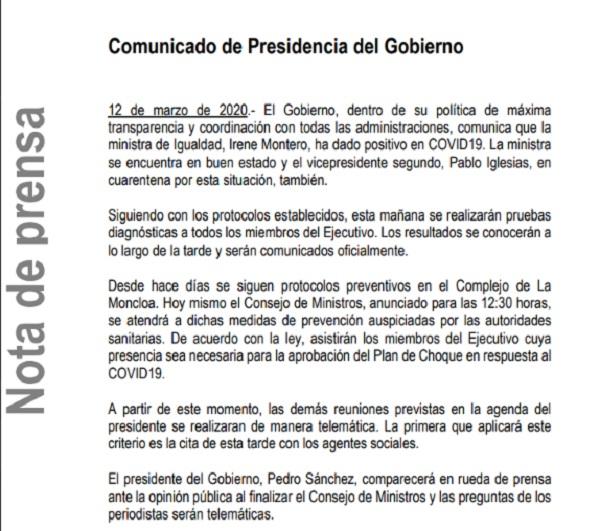 Comunicado de la Presidencia del Gobierno