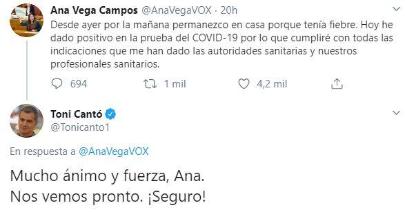 El mensaje de ánimo de Toni Cantó a Ana Vega Campos