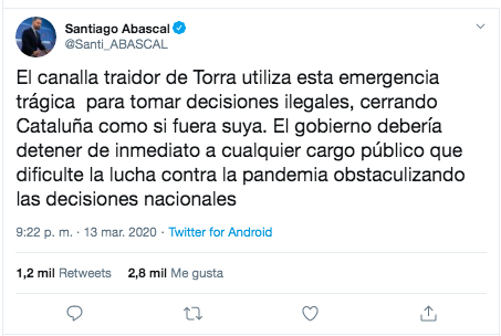 Tuit Abascal sobre Torra