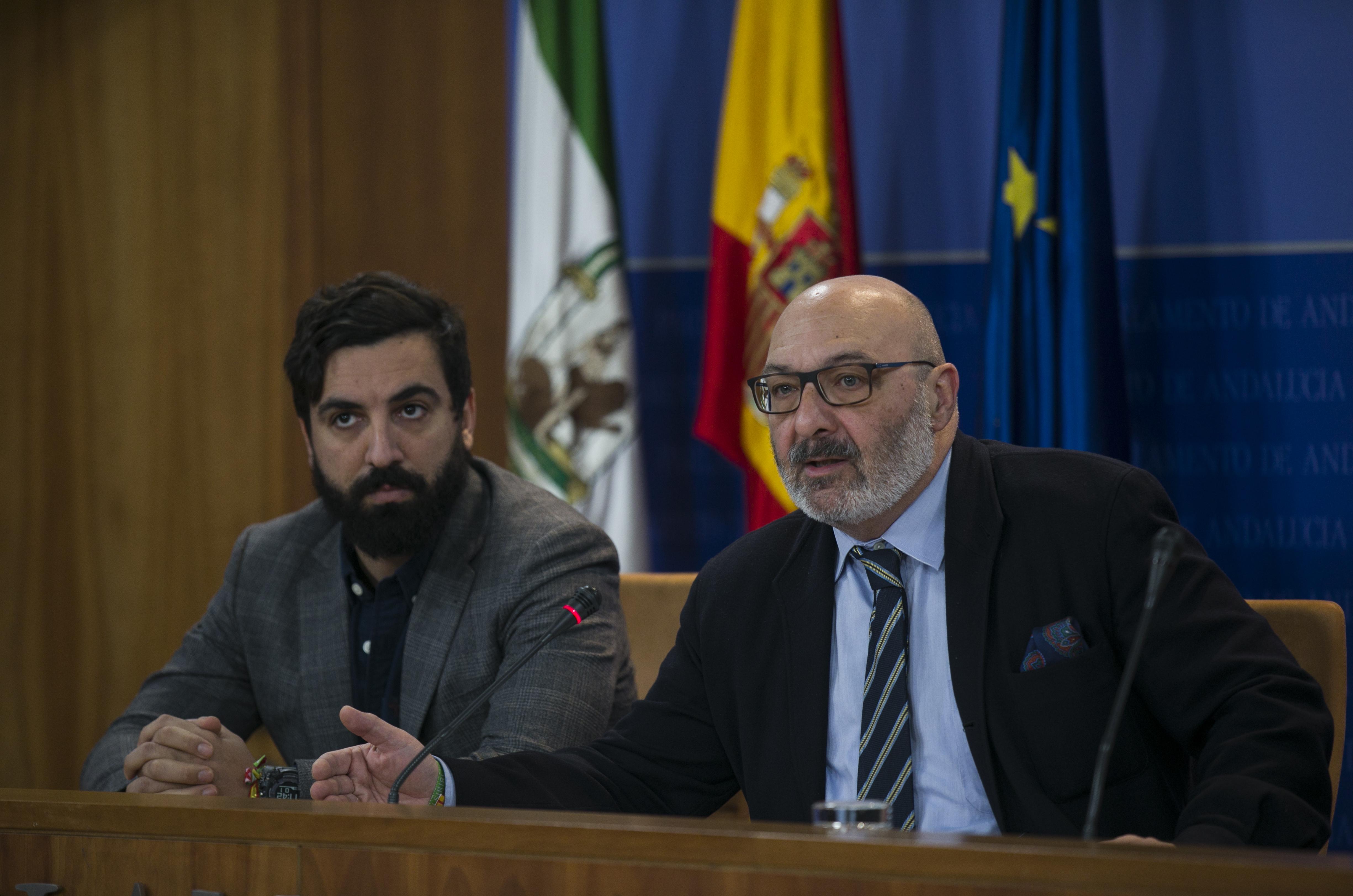 El portavoz del grupo Vox en el Parlamento de Andalucía, Alejandro Hernández (d), junto al senador de Vox por la Comunidad Autonóma de Andalucía, Jacobo González-Robatto (i)