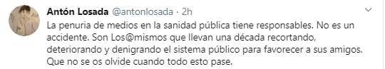 Tuit de Antón Losada sobre la Sanidad Pública