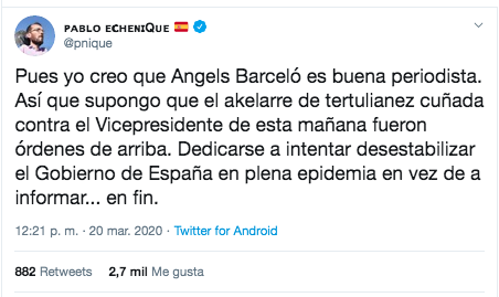 Echenique tuit Angels Barceló