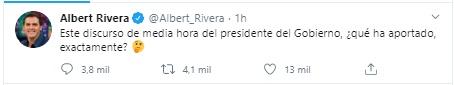 Tuit de Albert Rivera sobre la comparecencia de Sánchez