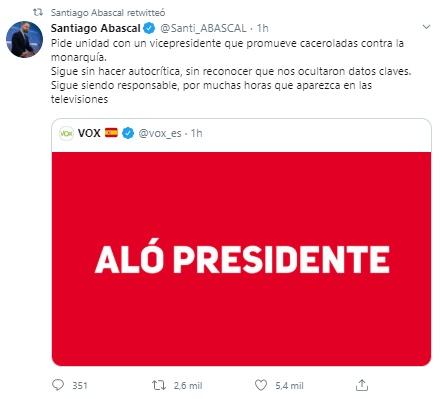Tuit de Santiago Abascal sobre la comparecencia de Sánchez