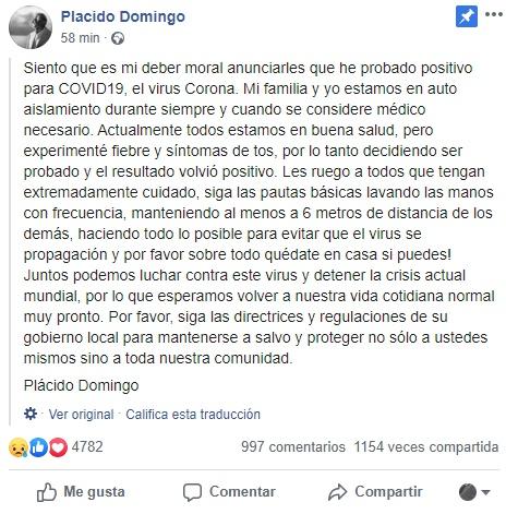 Publicación de Facebook de Plácido Domingo