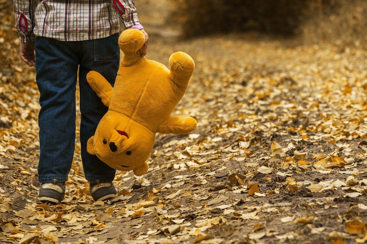 Un niño con su peluche en la calle. Pixabay.