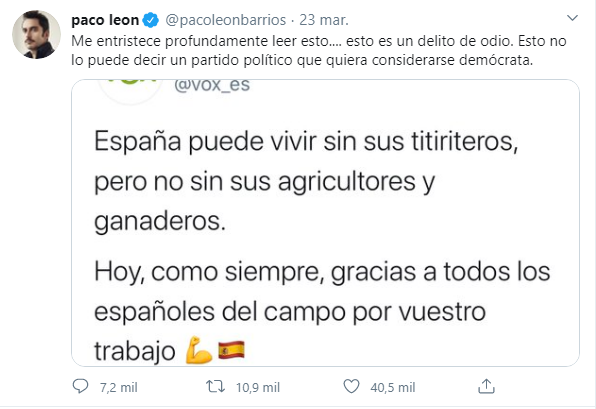 Tuit de Paco León reaccionando al mensaje de Vox contra los artistas