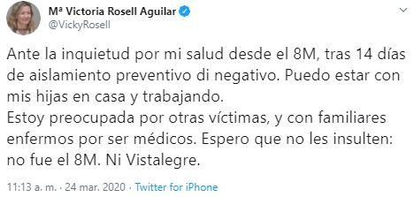 Tuit de Victoria Rosell sobre el coronavirus