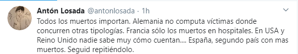 Antón Losada ha opinado sobre las cifras de fallecidos por coronavirus en los diferentes países