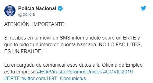 Tuit de la Policía Nacional desmintiendo el bulo sobre los ERTE en la crisis del coronavirus (Covid-19)